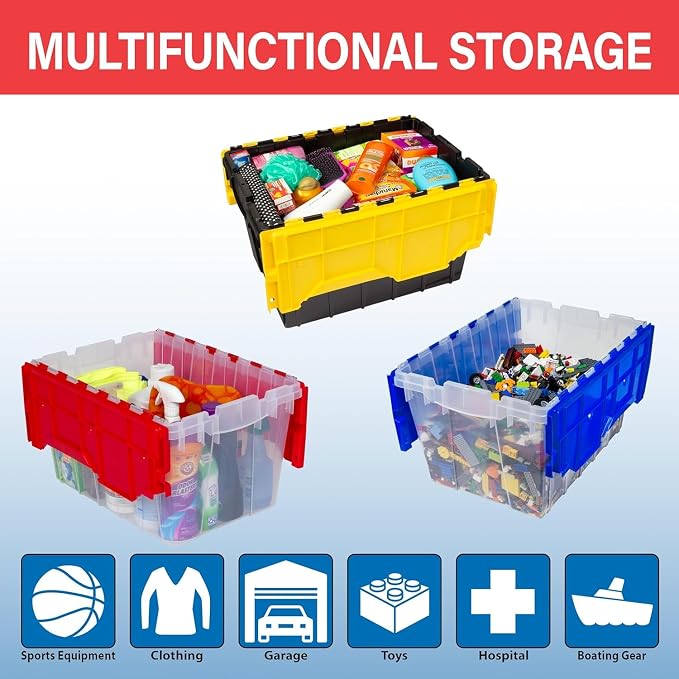 Akro-Mils KeepBox 12 Gallon Storage Container, Nesting and Stackable Plastic Storage Box with Lid Attached, Clear Tote for Garages, Closets, and Moving, 21-1/2" x 15" x 12-1/2", Clear/Red