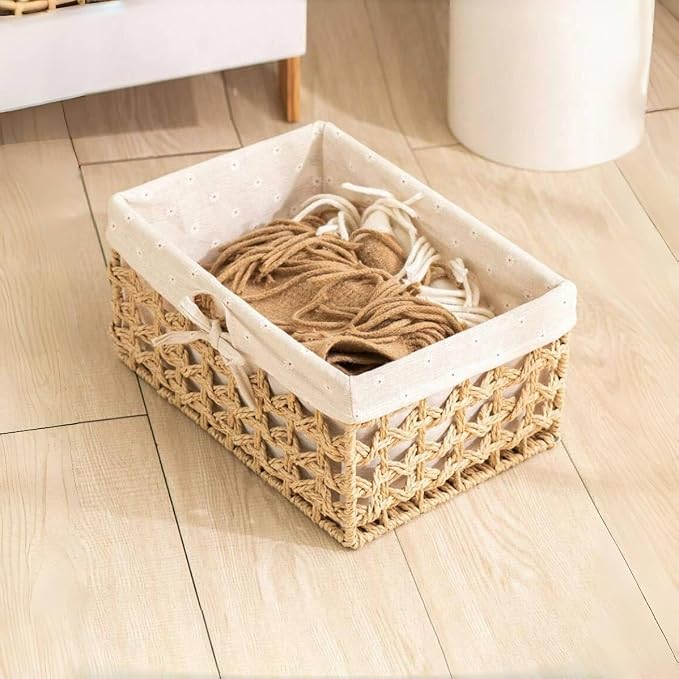 GIB Small Wicker Woven Storage Baskets for Organizng with Liners, Set of 3 | Braided Paper Rope, Decorative Cute Baskets for Gifts, Storage Bins for Shelves, Pantry, Bathroom Organizers, Bedroom Decor