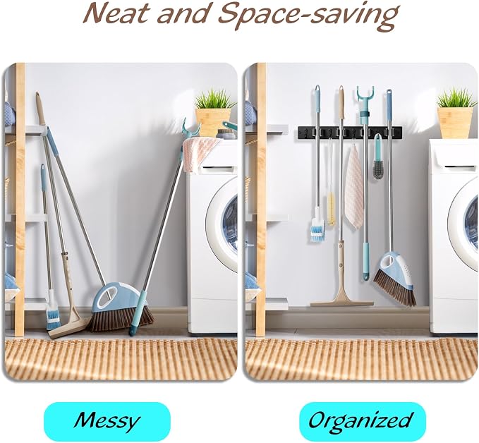 OUTNILI 2 Pack Black Mop Broom Holder Wall Mount - Wood Broom Mop Hanger - Wall Mounted Garden Tool Rack Organizer for Closet Garage Laundry Room, 4 Slots & 4 Hooks