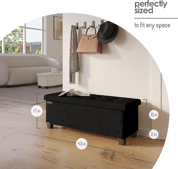 Storage Ottoman Bench with Bins, 43-in Storage Bench for Bedroom End of Bed, Folding Foot Rest Ottoman for Living Room Max 660lbs, Velvet Ottomans, Black