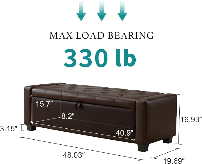 Huatean Home 48" Ottoman with Storage, Dark Brown Storage Ottoman Bench | Upholstered Entryway Bench with Seating for Bedroom, Living Room, with Safety Hinge, Holds up to 330 lb