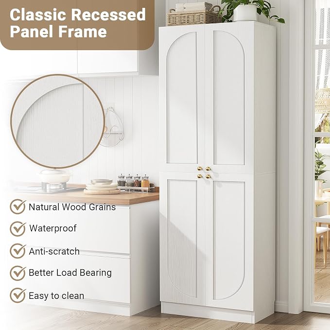 Cyclysio 80" Storage Cabinet, Tall Arched Bookcase with 4 Soft Close Doors, 6-Tier Wooden Pantry with Adjustable Shelves, Seamless Fit Wall for Home Office, Living Room, Kitchen (White)