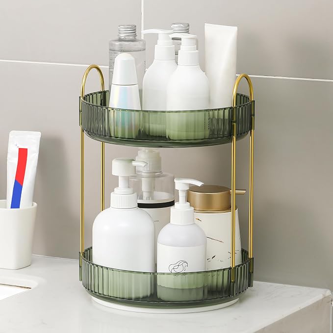 YCIA&DONE 360 Rotating Makeup Organizer and Storage for Vanity Countertop 2 Tiers, High Capacity Cosmetic Skincare Perfume Organizers for Dresser Bathroom Lazy Susan (Vintage Green)