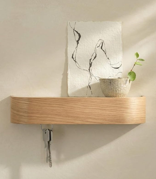 Kazai. Key Holder 'Toke' | Minimalist Key Hook Design from Berlin | Modern Key Holder Wall Mount with Wooden Shelf | Key Rack for Wall as Entryway Organizer | Oak