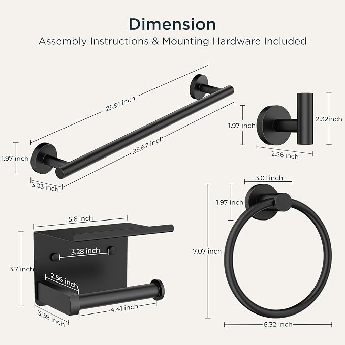 FORIOUS Bathroom Accessories, 5-Piece Bathroom Hardware Set - 24" Towel Bar | Matte Black | Towel Hooks, Towel Racks for Bathroom, Toilet Paper Holder With Shelf & Towel Ring | SUS304 Stainless Steel