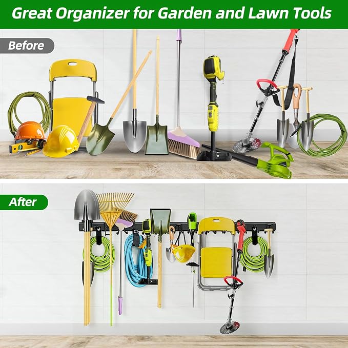 Garage Wall Organizer, 96 in Garden Tool Organizer with 12 Adjustable Hooks | 720 LBS Load, Wear & Tear Resistant, Soft Anti-Scratch Hook Sleeves, 3 Extra Storage Straps, For Garden Lawn & Shed Tools