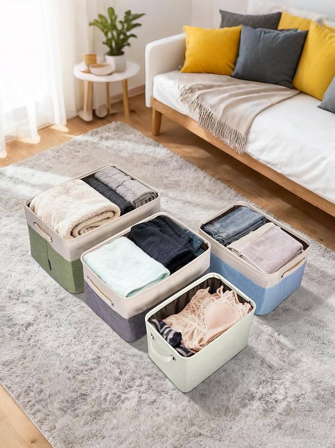 BALEINE 3 Pack Fabric Closet Storage Bins for Shelves, Linen Closet Organizers and Storage, Decorative Baskets for Organizing, Shelf, Clothes, Home, Office (White, 12"x8"x8")