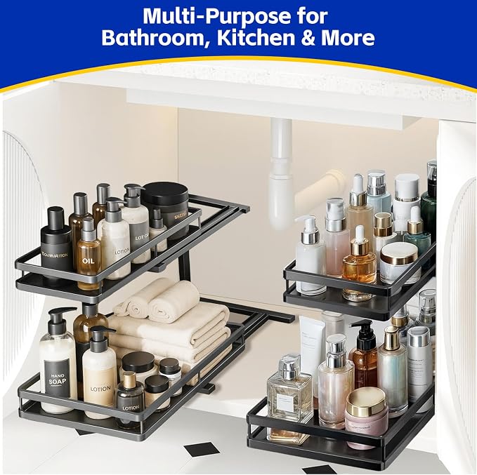 2-Tier Under Sink Organizer, Metal Pull Out Shelf, Black | Carbon steel, ball-bearing pull-out, 6-level adjustable, no-drill setup, for under-sink pipes and bottles