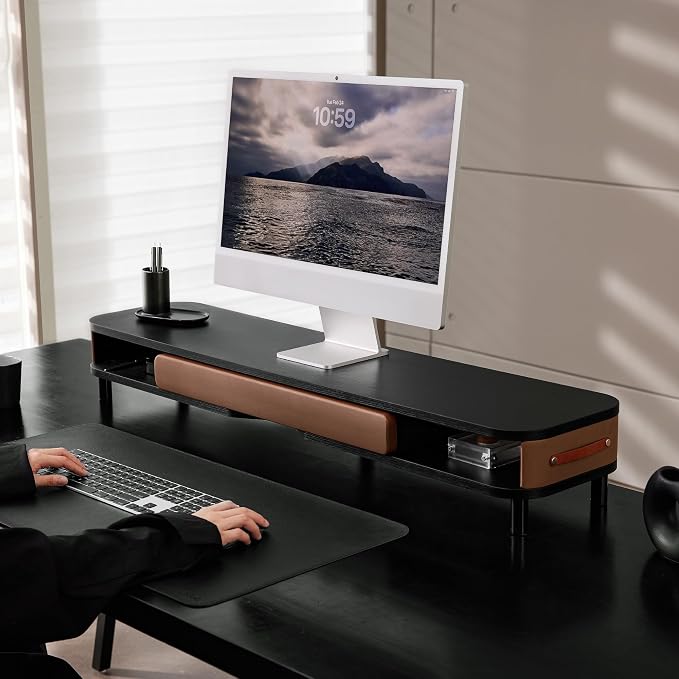 Fenge Dual Monitor Stand with Large Storage Drawer, 42.5" Dsek Shelf, Black | Slide-Out Drawer with Soft Touch Leather, Ergonomic Monitor Riser, Aluminum leg, 2-Tier Desk Organizer for Laptop, TV, PC