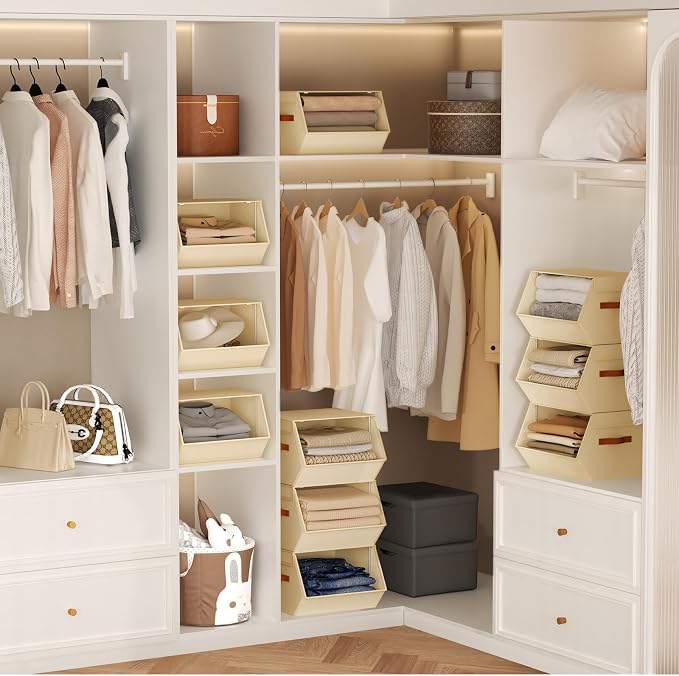 Stackable Closet Organizers and Storage Bins, Open Front Closet Shelf Organizer System With Steel Frame, Clothes Storage Basket Fabric, Collapsible Closet Drawers for Wardrobe, Nursery ,Toy, 6 Pack