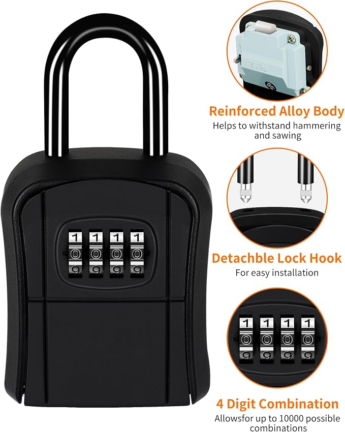 Portable Key Lock Box,Key Holder Safe Security Lock Box for Indoor, Outdoor, Garage, Garden, Store (4 Pack, Black)