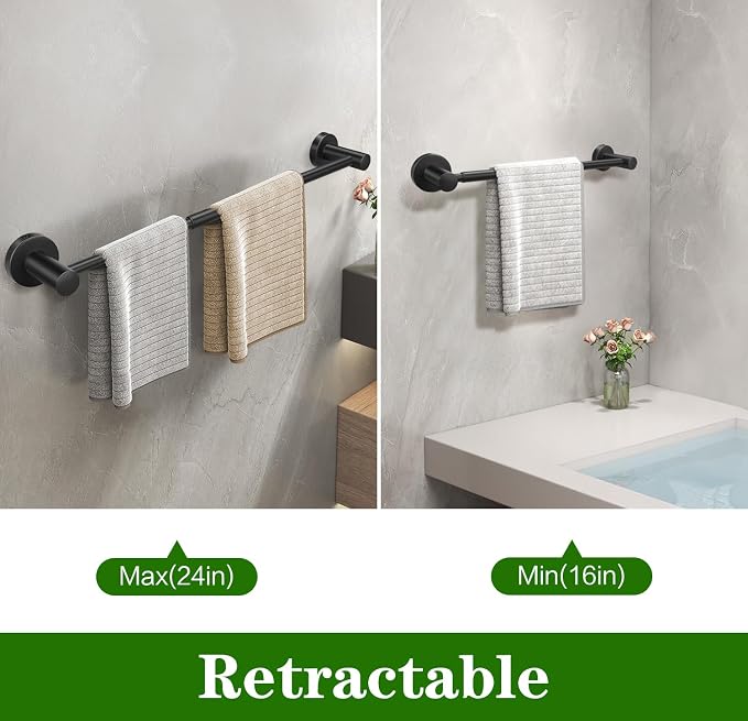 10pcs Matte Black Retractable Bathroom Hardware Set, | Including 24in Retractable Hand Bar, Toilet Paper Holders, Towel Rings, Multifunctional Robe Hooks