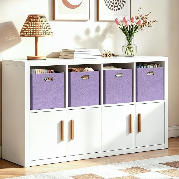 Posprica 3X Thicker Collapsible Storage Bins,13×15x13 Foldable Storage Cube Boxes Fabric Drawer for Closet Shelf Cabinet Bookcase, set of 4 (Purple)
