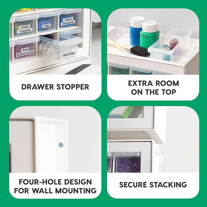 IRIS USA 16-Drawer Small Drawer Organizer, Craft Desk Storage, White | Wall mountable, Stackable Teacher Toolbox, Beads, Building Bricks, Water Packets, Screws, Hardware