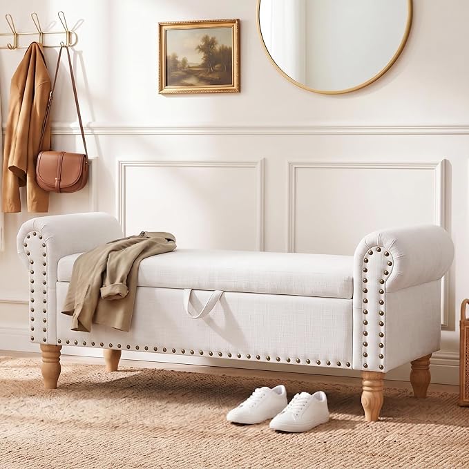 55" Storage Bench, End of Bed Bench with Rolled Arm and Nailhead Trim, Upholstered Bedroom Bench with Storage, Ottoman Bench for End of Bedroom, Living Room, Entryway (Beige Linen)