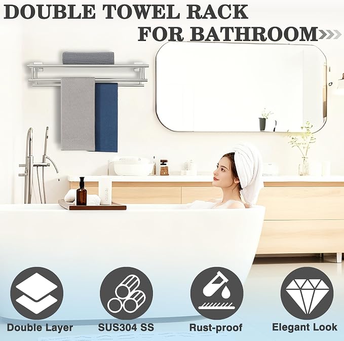 Alise Double Towel Rack for Bathroom,24 Inch Bathroom Tower Holder Towel Shelf with Double Towel Bars Wall Mount,SUS304 Stainless Steel Towel Hanger Double Tower Bar for Bathroom Wall,Brushed Nickel | Bathroom Tower Holder Towel Shelf with Double Towel...