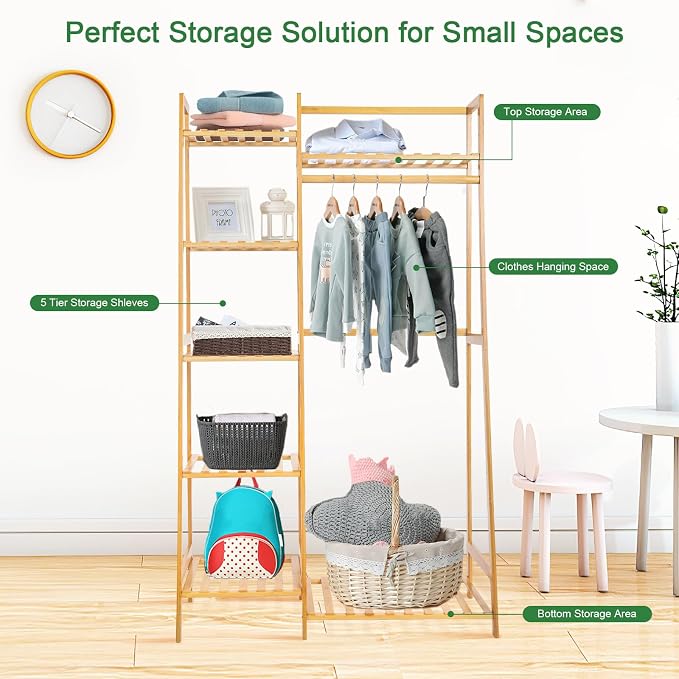 Jotsport Bamboo Clothes Rack with 7 Tier Storage Shelves Child Garment Rack | Clothing Hanging Stand for Small Spaces Freestanding Wardrobe Closet for Kids Bedroom Living Room