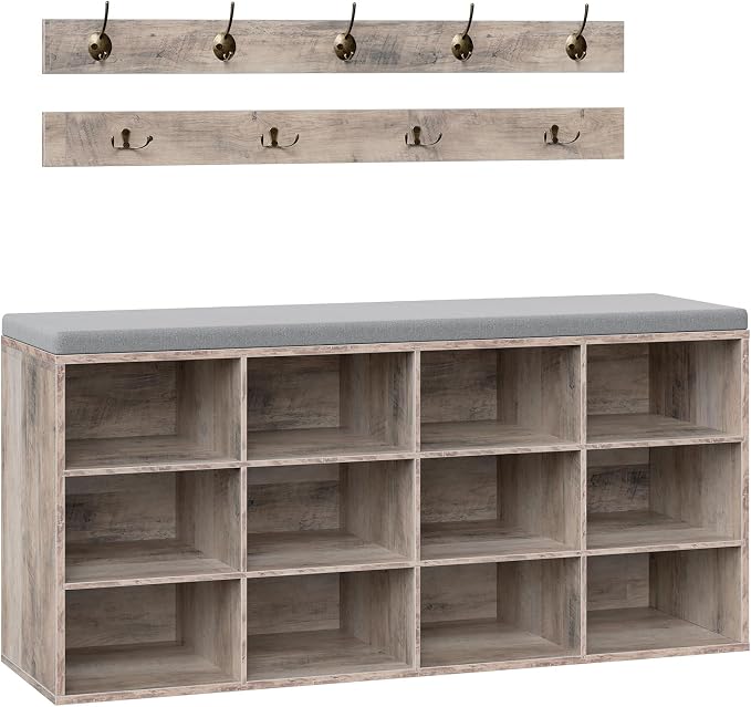 HOOBRO Shoe Storage Bench with Cushion, 39.4" L Entryway Bench with 12 Cubbies, Entryway Hall Tree with Storage, Shoe Cabinet with Coat Rack for Bedroom, Hallway, Holds up to 330 lb, Gray GY112HX01