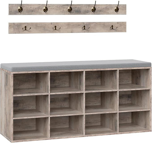 HOOBRO Shoe Storage Bench with Cushion, 39.4" L Entryway Bench with 12 Cubbies, Entryway Hall Tree with Storage, Shoe Cabinet with Coat Rack for Bedroom, Hallway, Holds up to 330 lb, Gray GY112HX01