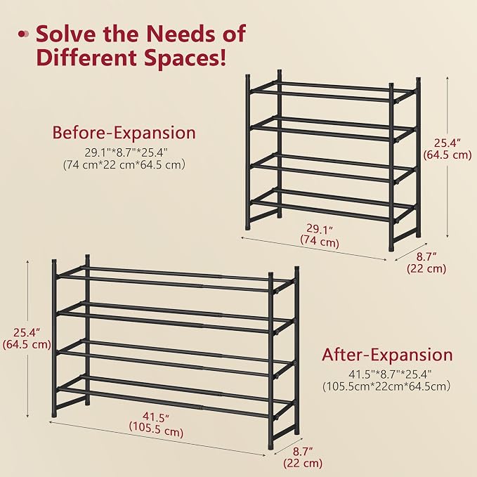 Expandable Shoe Rack for Closet 4 Tier, 28“-41“Stackable, Black | Adjustable Shoe Organizer Closet Shoe Rack Floor, Metal Shoe Shelf Storage for Entryway, Closet, Garage, Front Door Entrance