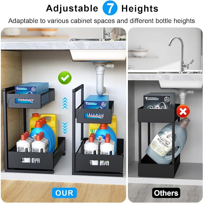 Petiza Under Sink Organizer Pull Out Cabinet Organizer Adjustable Height 2 Tier with Sliding Drawers Kitchen Bathroom Organizer and Storage(1pc) (Pack of 6)