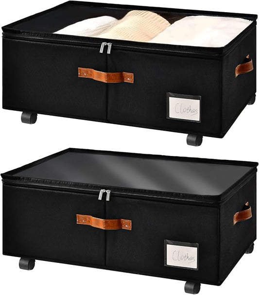 Freebat Under Bed Storage with Wheels 2 Pack, Underbed Container | 10 inch Height Under Bed Drawers with Clear Lid Cover, Storage Bag Box with Visiable Window for Clothes, Bedsheet, Pillow