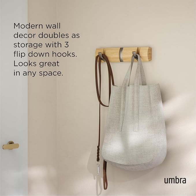 Umbra Flip Coat Rack, Wall Mount Retractable Hooks, 3-Hook, Natural/Nickel | Real wood and steel build, folds flat when not in use, holds coats bags and scarves, easy install