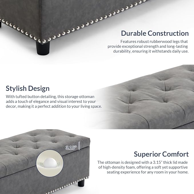 BELLEZE Storage Ottoman, Tufted Ottoman with Close Hinge, Foot Rest for Living Room (Rustic Gray, 47 inch)