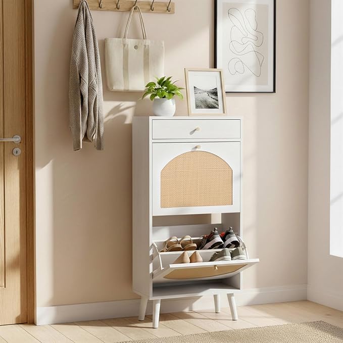 VINGLI Rattan Shoe Cabinet, White Slim Shoe Storage Cabinet for Entryway, Modern Boho 2 Flip Drawer Shoe Rack Organizer with Top Drawer, Narrow Hidden Shoe Storage for Hallway, 21.3" W x 9.4" D
