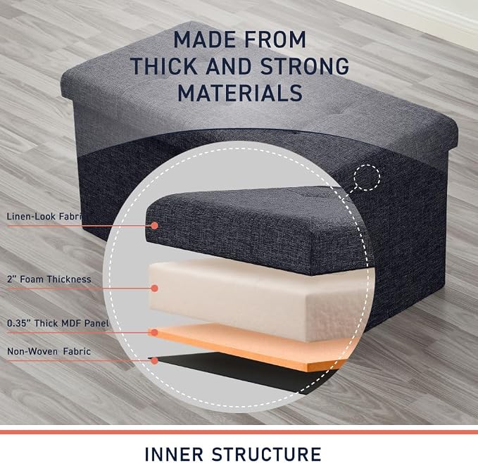 Ornavo Home 30 Inch Folding Storage Ottoman Bench, Tufted Linen, Black | Upholstered Large Ottoman with Lid; Foot Rest Stool; Ideal for Bedroom, Living Room or Entryway