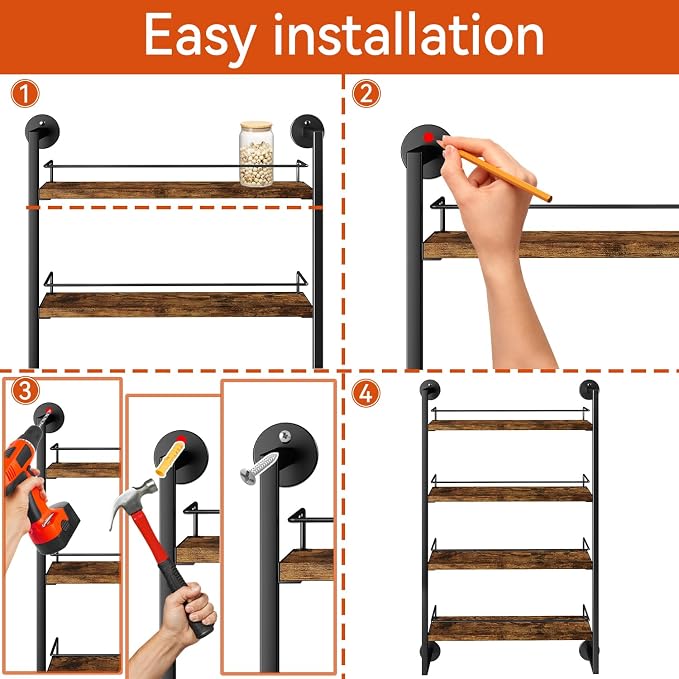 IBUYKE 4 Tier Spice Rack Wall Mount for Kitchen,Brown TLJ016H | Hanging Seasoning Organizer Large Spice Rack for Wall Spice Organization for Kitchen Cabinet Bathroom Pantry Living Room