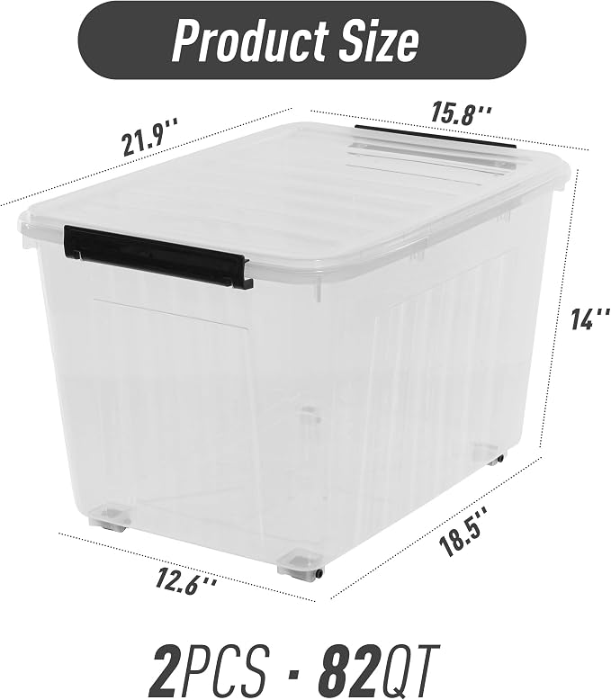Citylife 82 Quart Large Clear Plastic Storage Bins with Lids 2-Pack | Stackable, Secure latching lids, Easy Find, Clothes Storage Bins for Closet Bedroom Garage