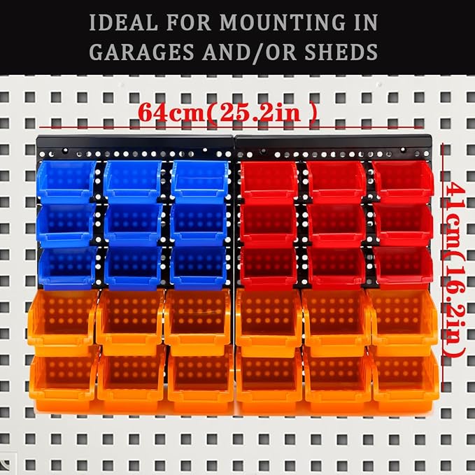 30-Bin Wall Mounted Storage Bins Kit, Tool Organizer Rack, Garage Hardware Organizer, Parts Storage Bins, DIY Combination(Red & Blue & Orange Type)