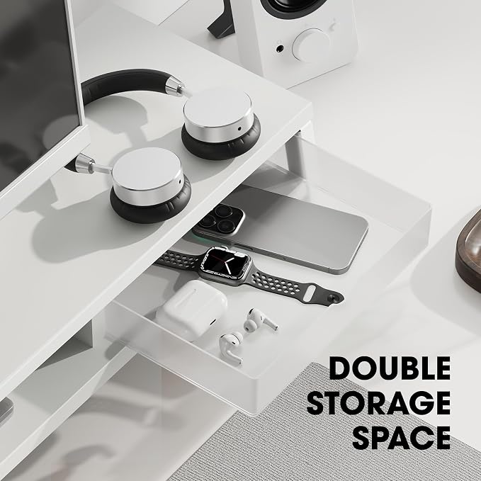 Fenge Dual Monitor Stand Riser, 42.5in Desk Shelf with 2 Drawers, White | 2-Tier Monitor Shelf for Desk, Storage Drawer with Stopper, Frosted, fit Home Office, Ultrawide Screen, PC, Laptop, TV