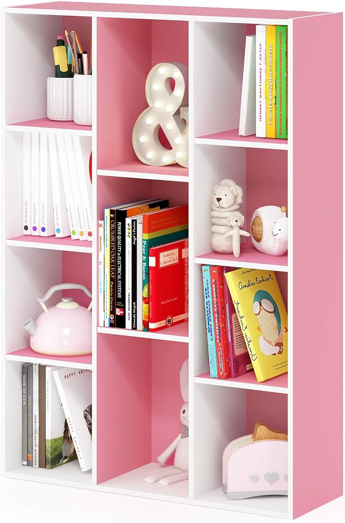 Furinno LUDER Book Shelf, 11-Cube Bookshelf, Reversible Bookcase, 9.4 x 29.1 x 41.7, Easy Assembly, for Living Room, Bedroom, Home Office, White/Pink