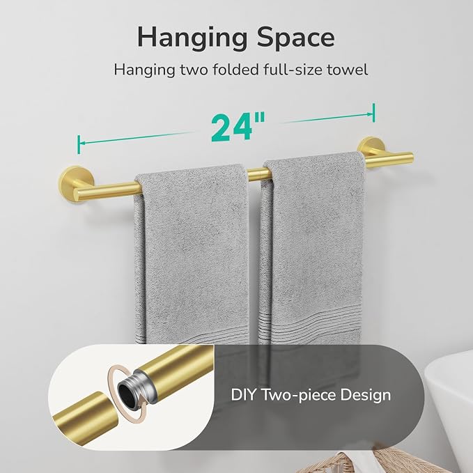USHOWER Light Gold Towel Bar, 24-Inch Towel Racks for Bathroom | Thicken SUS304 Stainless Steel Towel Rod, Towel Holder Wall-Mounted, Modern Home Decor (Total Length 26-Inch)