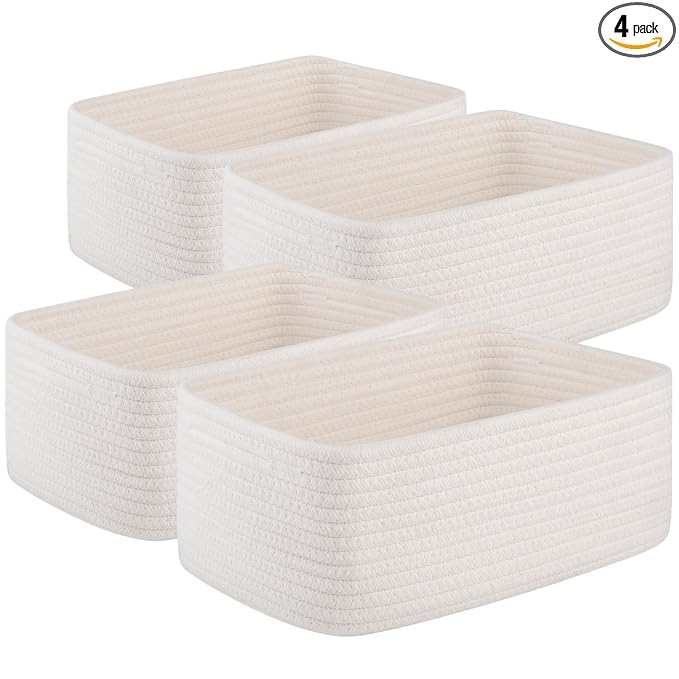 OIASKET 4 Pack Small Storage Shelf Baskets for Organizing, Mini Woven Rope Storage Bins for Towels, Cute Decorative Closet Organizer，Baby Nursery, Gift Empty Baskets -11.81''Lx7.87''Wx4.72''H-White