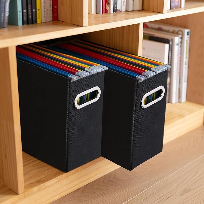 4 Pack Letter Size File Storage Box Collapsible, Fabric Hanging File Folders Organizer, Portable Office Document Holder with Metal Handle, Smooth PVC Rails, Black