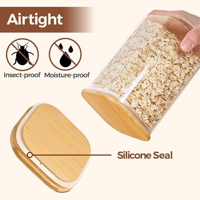 ComSaf Square Glass Containers With Lids 1.2 Qt, Set of 4 Pantry Galss Jars | Kitchen Glass Pantry Storage Containers, Storage Canisters, Silicone Seal, Dry Food, Cookie, Flour, Spice, Coffee, BPA Free
