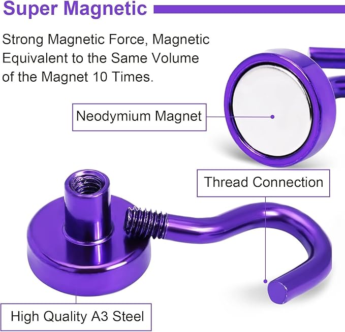 DIYMAG Magnetic Hooks 20pcs 30lbs Cruise Essentials 2026 Magnet Hook Purple | Neodymium Heavy Duty Strong Magnets Hanging Ship Cabins Refrigerator Fridge Classroom Beach Vacation Kitchen Grills Home Tool