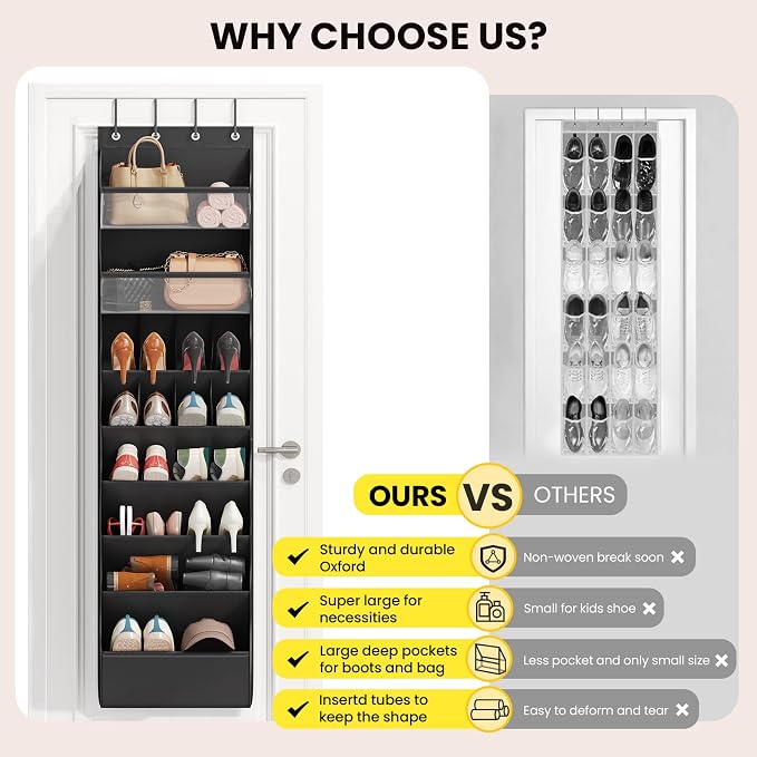Mefirt 16-20 Pairs Over the Door Shoe Organizer, Clear Pockets Shoe Rack for Closet Door, Hanging Shoe Rack for Boots, Behind the Door Shoe Holder Fit All the Family's Sneakers, Boots, Heels, Black