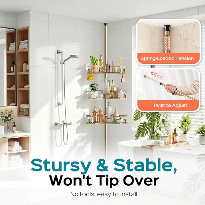 HAMITOR No-Drill Shower Rack, 4-Tier Corner Rustproof Tension Pole, Khaki | Bathroom Accessories With Hooks Renter-Friendly, 47.7-123.6in Adjustable, Space-Saving Bathtub Caddy For Family, Apartment RV