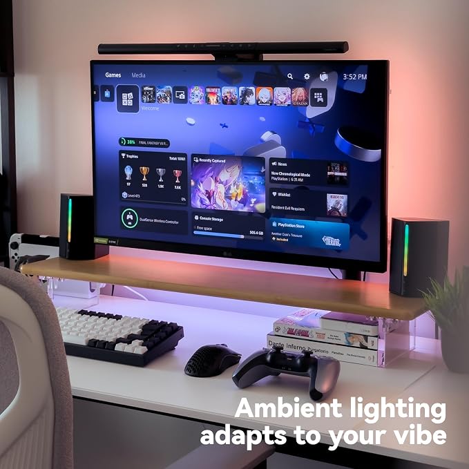 Bamboo Monitor Stand, Desk Shelf with Acrylic Legs and RGB Lights | 31.5-Inch Wide, 3.3-Inch Clearance, Fits Monitor, Laptop, Printer and Speakers for Small Desks