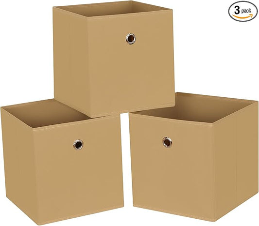 Foldable Storage Cubes Bins ,11 Inch Cloth Storage Cube Fabric Storage Box Cubes Organizer Baskets with Dual Handles for Home Organizer Set of 3 (Khaki)