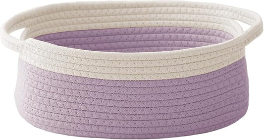 JMvicyroam Small Woven Basket, Empty Gift Basket, White&Purple/1 Pack | Small Gift Basket, Cotton Rope, 12 x 8 x 54 in, Handles, Includes Ribbon and Bag, Birthday Gift Basket