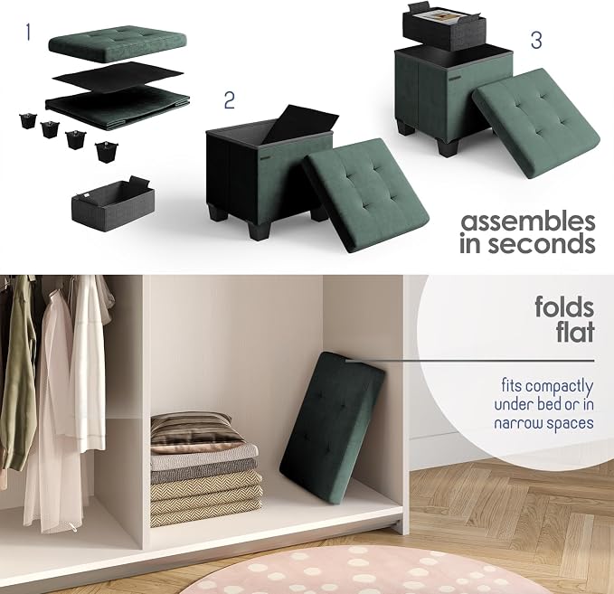 Storage Ottoman Cube with Small Bin, 15-in Square Ottoman with Storage for Living Room and Bedroom, Small Ottomans Foot Rest, Velvet Foot Stools Ottomans Max 330lbs, Green