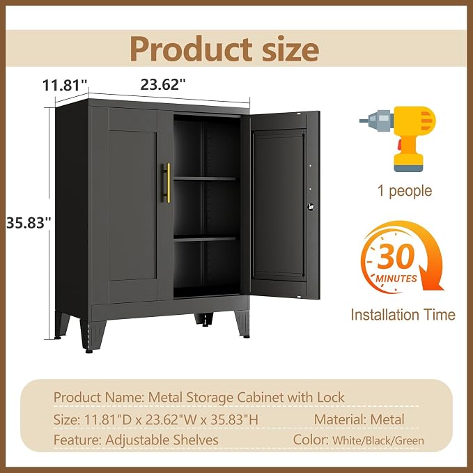 GAIOUS Black Metal Pantry Cabinet with Lock(Two Units), Sideboard Buffet | Storage Cabient with Doors and 2 Adjustable Shelves, Multifunctional Kitchen Cupboard for Home Office, Buffet Table