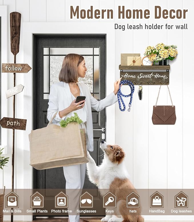 buways Key Holder Wall Mount with 8 Rustic Hooks and Cozy Home Sign（Brown） | Solid Wood,lots of colors, Floating Shelf for Keys, Mail, and Daily Essentials in Entryways, Hallways or Home Decor