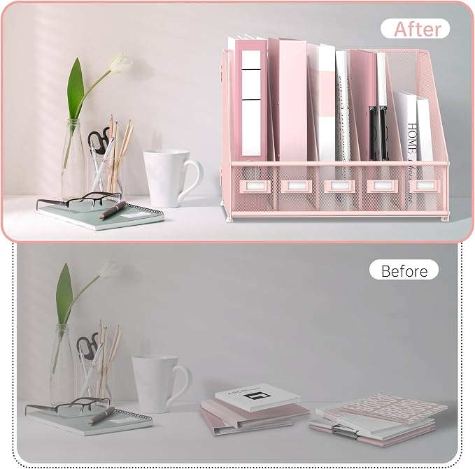 SUPEASY Desk Organizers Metal Desk Magazine File Holder with 5 Vertical Compartments Rack File Organizer for Office Desktop, Classroom, Home Workspace, Pink Plus