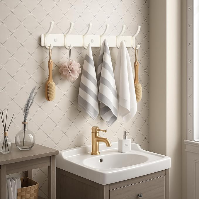 Wall Mount Coat Rack 1 Pack, White Coat Hooks Hanger with 6 Double Hooks | Zinc Alloy, Smooth Hook Edges, Screw Installation, Double Hooks，Greater Storage Space for Hanging Robes, Clothes, Bags, Hat